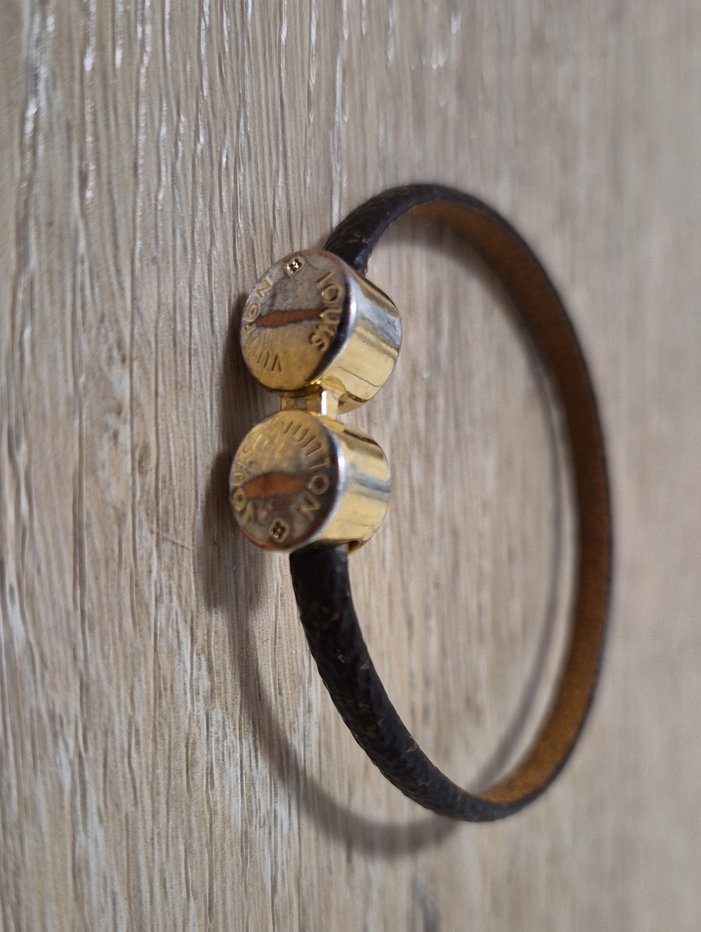 Louis Vuitton Brown Leather Bracelet with Gold-Tone Logo Caps